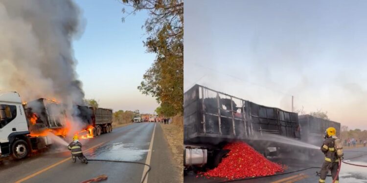 Carreta carregada de tomates pega fogo em Goiás