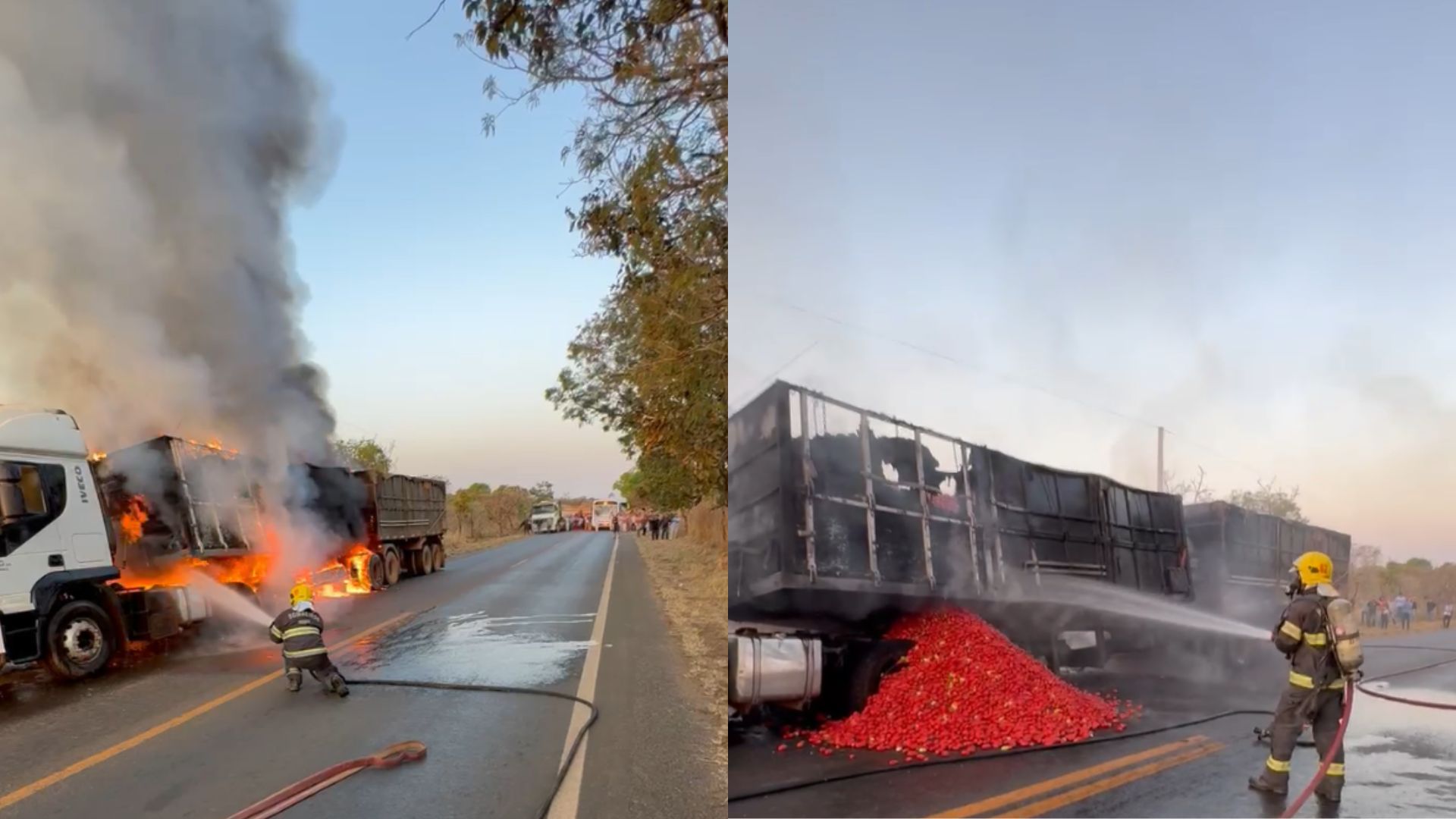 Carreta carregada de tomates pega fogo em Goiás